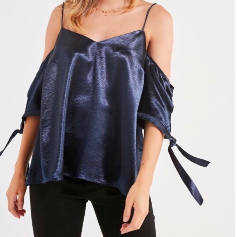 Navy Metallic Cold Shoulder Tie Top